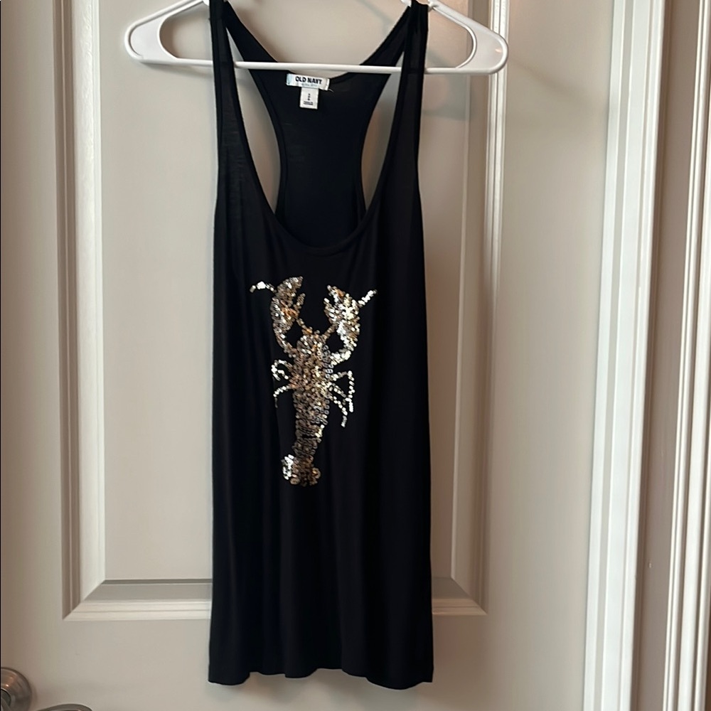 Old Navy Black and Gold Sequin Graphic Tank Top